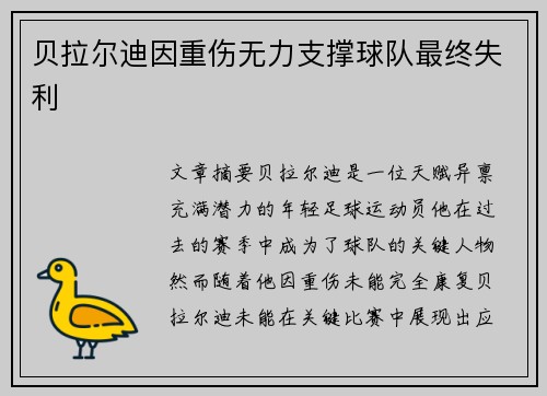 贝拉尔迪因重伤无力支撑球队最终失利