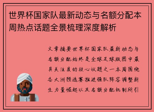 世界杯国家队最新动态与名额分配本周热点话题全景梳理深度解析