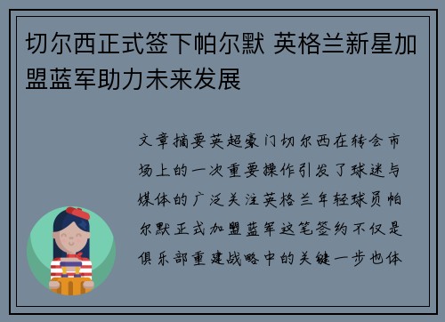 切尔西正式签下帕尔默 英格兰新星加盟蓝军助力未来发展