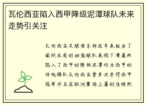瓦伦西亚陷入西甲降级泥潭球队未来走势引关注