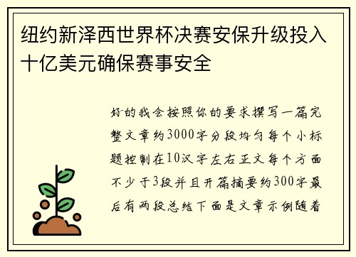 纽约新泽西世界杯决赛安保升级投入十亿美元确保赛事安全